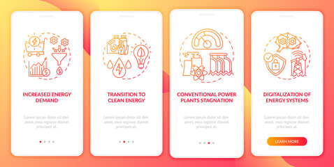 Naklejka premium Power sector trends onboarding mobile app page screen with concepts. Transition to clean energy walkthrough 4 steps graphic instructions. UI, UX, GUI vector template with linear color illustrations