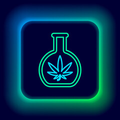 Glowing neon line Chemical test tube with marijuana or cannabis leaf icon isolated on black background. Research concept. Laboratory CBD oil concept. Colorful outline concept. Vector