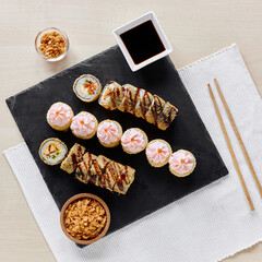 sushi rolls tempura in a beautiful setting