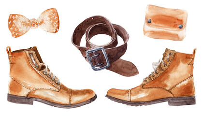 A set of watercolor illustrations with various things and accessories for men's wardrobe
