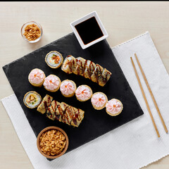 sushi rolls tempura in a beautiful setting