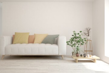 White living room with sofa. Scandinavian interior design. 3D illustration