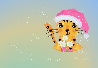 Background postcard for the International Day of the Tiger.Cute tiger in a pink hat with a bouquet of flowers for international tiger day. Vector illustration with place for text.
