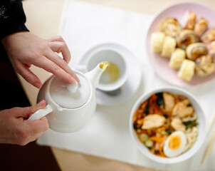 Japanese lunch of ramen, sushi and fresh tea