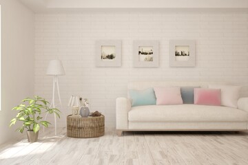 Fototapeta premium Soft color living room with sofa. Scandinavian interior design. 3D illustration