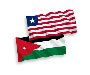 Obraz premium National vector fabric wave flags of Hashemite Kingdom of Jordan and Liberia isolated on white background. 1 to 2 proportion.