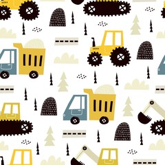 seamless pattern with cartoon Truck, tractor,  bulldozer, decor elements. Colorful vector flat style for kids. hand drawing. baby design for fabric, print, wrapper, textile © Ann1988