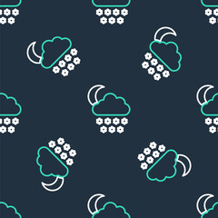 Line Cloud with snow and moon icon isolated seamless pattern on black background. Cloud with snowflakes. Single weather icon. Snowing sign. Vector
