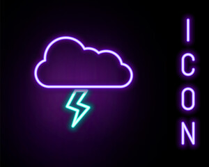 Glowing neon line Storm icon isolated on black background. Cloud and lightning sign. Weather icon of storm. Colorful outline concept. Vector