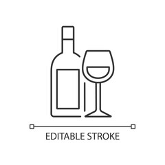 Wine linear icon. Alcoholic drink. Wine bottle and glass. Serving beverage for backyard barbecue. Thin line customizable illustration. Contour symbol. Vector isolated outline drawing. Editable stroke