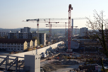 Obraz premium Huge road Construction site at City of Zurich. Roofing of existing highway at Zurich Schwamendingen. Photo taken April 21st, 2021, Zurich, Switzerland.