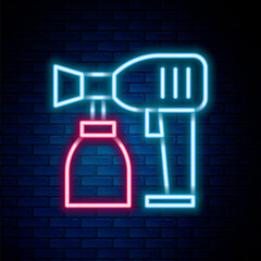 Glowing neon line Paint spray gun icon isolated on brick wall background. Colorful outline concept. Vector