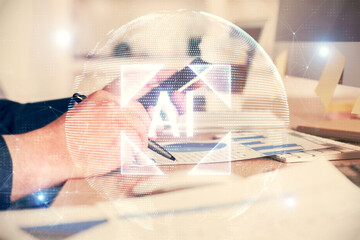 Multi exposure of man's hands holding and using a digital device and data theme drawing. Innovation concept.