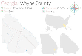 Large and detailed map of Wayne county in Georgia, USA.