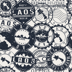 Laos Pattern of Stamps. Travel Passport Stamps. Made In Product. Design Seals in Old Style Insignia Seamless. Icon Clip Art Vector Collection.