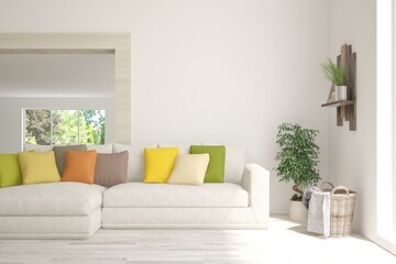 White living room with sofa. Scandinavian interior design. 3D illustration