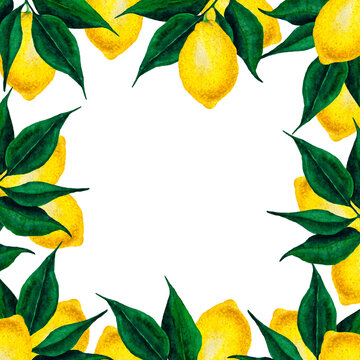 Lemon fruits and leaves watercolor frame. Lemon hand drawn elements copyspace card design template. Lemon background.