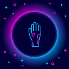 Glowing neon line Hand with psoriasis or eczema icon isolated on black background. Concept of human skin response to allergen or chronic body problem. Colorful outline concept. Vector