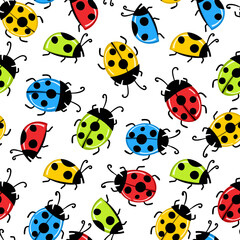 Fashion animal seamless pattern with colorful ladybird on white background. Cute holiday illustration with ladybags for baby. Design for invitation, poster, card, fabric, textile