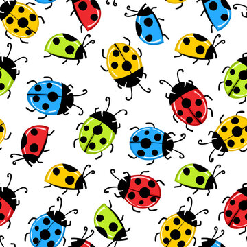 Fashion animal seamless pattern with colorful ladybird on white background. Cute holiday illustration with ladybags for baby. Design for invitation, poster, card, fabric, textile