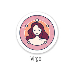 Virgo sticker icon. Sixth fire sign in zodiac. Female woman birth symbol. Mystic horoscope sign badge for designs. Astrological science vector emblem