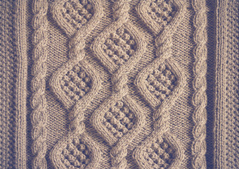 background texture knitted canvas with patterns Aran close up beige color