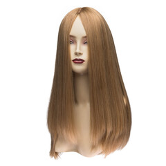 Human hair wig on a mannequin. Front view. Blonde. Straight hair