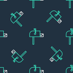 Line Open mail box icon isolated seamless pattern on black background. Mailbox icon. Mail postbox on pole with flag. Vector