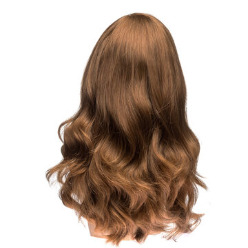Human hair wig on a mannequin. Back view. Brunette. Wavy hair