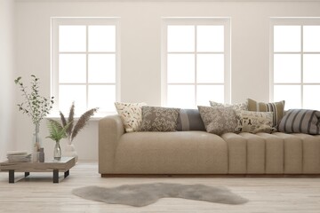 Soft color living room with sofa. Scandinavian interior design. 3D illustration
