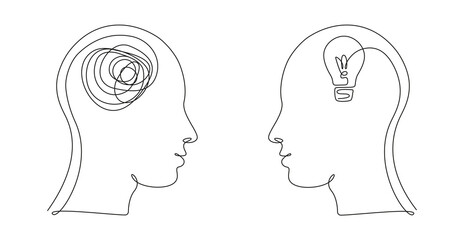 Two Human heads with confused and clean thoughts in one line art style. Continuous drawing illustration. Abstract linear Vector for medicine flyer, banner, brochure, poster
