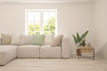 White living room with sofa and summer landscape in window. Scandinavian interior design. 3D illustration