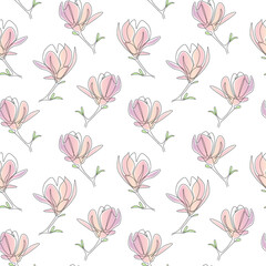 Floral seamless pattern with Magnolia flowers in one line art style. Vector illustration for wedding invitations, wallpaper, textile, wrapping paper, cover. Vector illustration