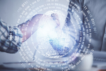 Double exposure of fingerprint hologram and handshake of two men. Security concept.