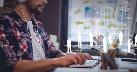Composition of people silhouettes and 3d architecture model over man typing on computer keyboard