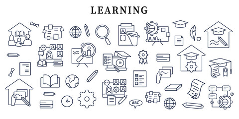 Learning banner icon. Personal growth, professional development. Template for landing, web page, layout.Education tools interface idea with icons