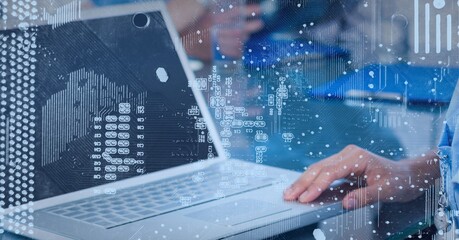 Composition of statistics with digital icons over man typing on laptop keyboard
