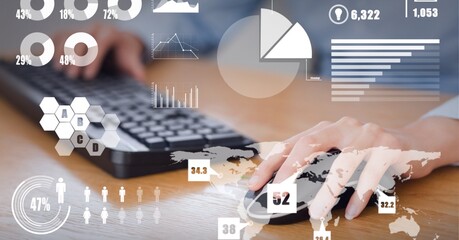 Composition of data processing and statistics recording over businesswoman using mouse computer