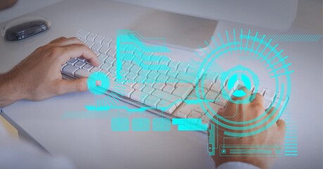 Composition of scope scanning and data processing over businessman typing on computer keyboard