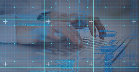 Composition of data processing with markers on grid over businessman typing on computer keyboard