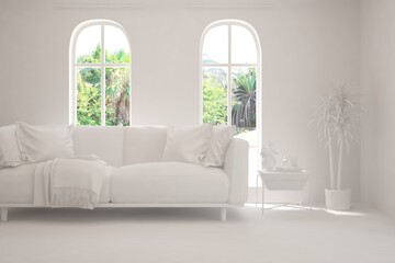 Mock up of stylish room in white color with sofa and green landscape in window. Scandinavian interior design. 3D illustration