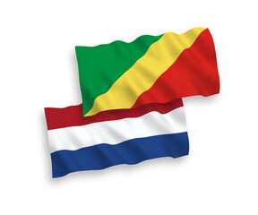 National vector fabric wave flags of Republic of the Congo and Netherlands isolated on white background. 1 to 2 proportion.