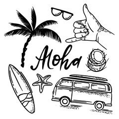 SURF ALOHA Summer Vacation Sea Travel Beach With Palm Tree Coconut Cocktail Surfboard And Sunglasses Monochrome Hand Drawn Vector Illustration Set For Print