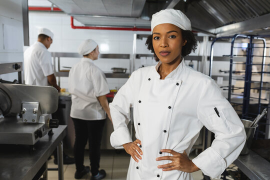 Portrait of mixed race female professional chef with colleagues in background