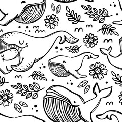 WHALES IN SKETCH Mother Hugs Daughter Parental Relationship Cute Animals Mother Day Monochrome Cartoon Hand Drawn Seamless Pattern Vector Illustration For Print