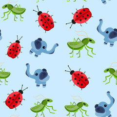 Seamless vector pattern with symbols of good luck: ladybug, elephant, grasshopper on blue background. Traditional amulets of happiness.