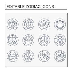 Zodiac line icons set. Fourth fire signs in zodiac. Birth symbols. Mystic horoscope signs. Astrological science concept. Isolated vector illustrations. Editable stroke