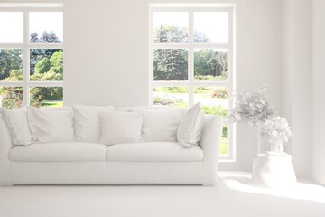 White living room with sofa and summer landscape in window. Scandinavian interior design. 3D illustration