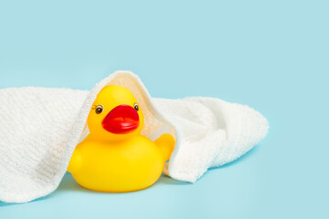 Pato de goma amarillo con una toalla blanca sobre la cabeza y parte del cuerpo sobre un fondo celeste pastel liso y aislado. Vista de frente. Copy space © Mercedes Fittipaldi