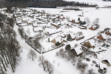 Aerial view of Turlava village in winter, Latvia.